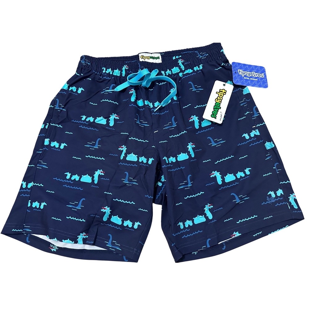 Tipsy Elves Mens Loch Ness Monster Swim Trunks Navy Blue Nessie Board Shorts NWT